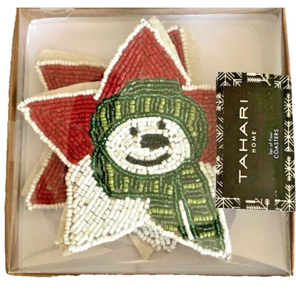 Tahari Christmas Beaded Drink Coasters Holiday Winter Snowman on a Star Set of 4